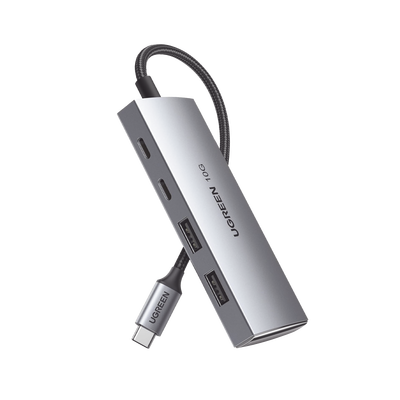 HUB USB-C 3.2 4 en 1 | 2 Puertos USB-C 3.2 (10 Gbps) | 2 Puertos USB-A 3.2 (10 Gbps) | Admite OTG | Compatible con MacBook, Chormebook, iMac, iPad Pro, iOS, Windows, Mac OS, Android | Carcasa de Aluminio | Nylon Trenzado.