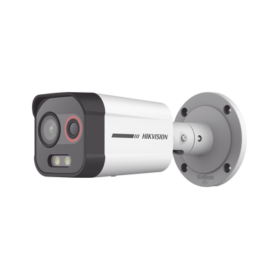 Cámara Bala IP Térmica y Óptica Biespectral / Análisis de Video (VCA) para Protección Perimetral / Clasifica Vehículo/Humano / Térmica 96 x 72 / Óptica 4 MP ColorVu / IP67 / Audio y Alarma Visual