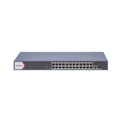 Switch Gigabit PoE+ / Monitoreable / 24 Puertos 1000 Mbps PoE+ / 1 Puerto 100 uplink / 1 Puerto 1000 Mbps Uplink / 1 Puertos SFP Uplink / Configuración Nube desde Hik-PartnerPro / Modo Extendido hasta 300 Metros / 370 W