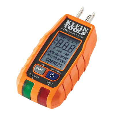 Probador de Tomacorrientes con Interruptor de Falla a Tierra (GFCI) con pantalla LCD.